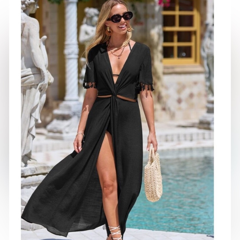 Cupshe Womens Black Plunging Knotted Front Cover Up Maxi Dress new without tags